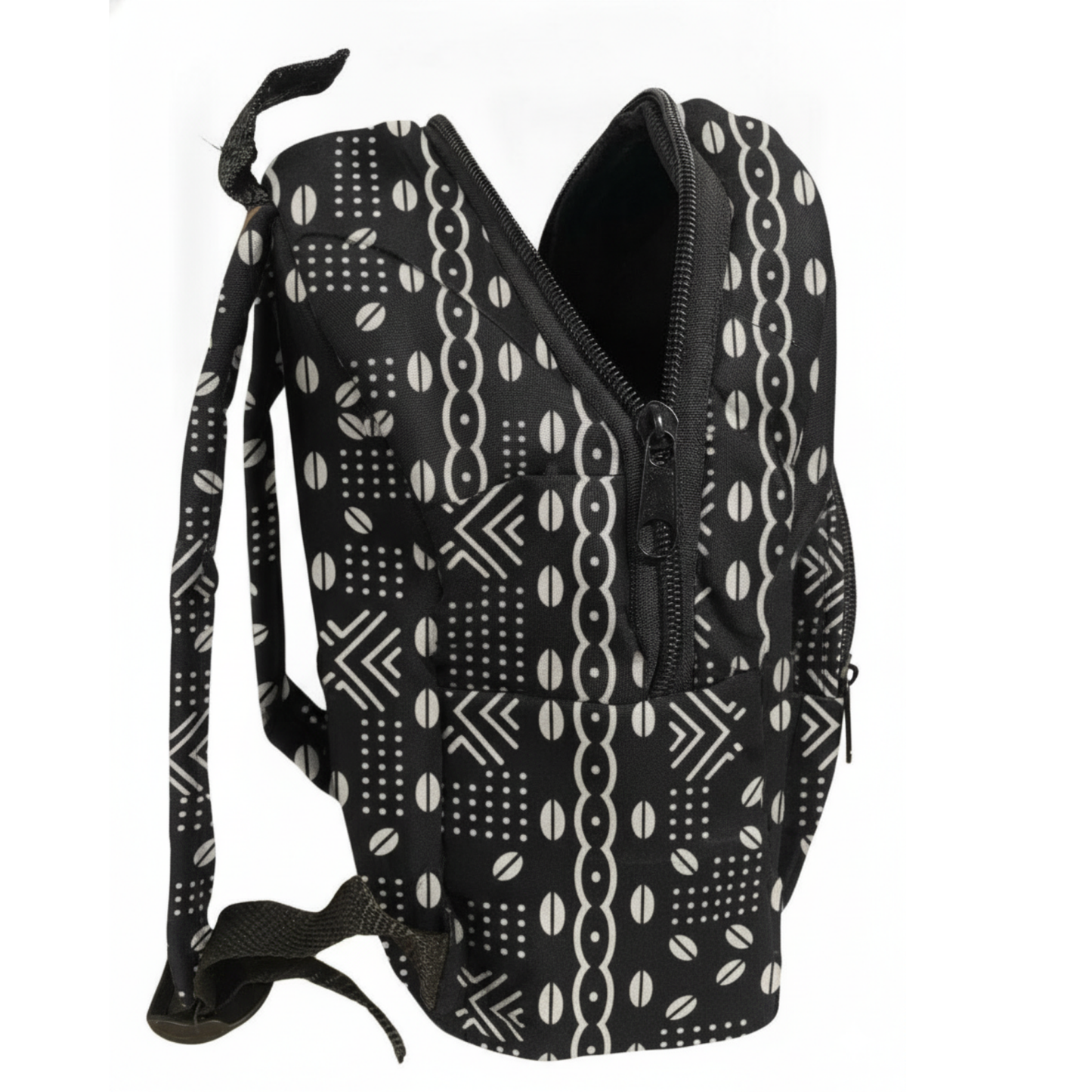 Black backpack with white geometric patterns on a white background