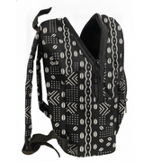 Black backpack with white geometric patterns on a white background