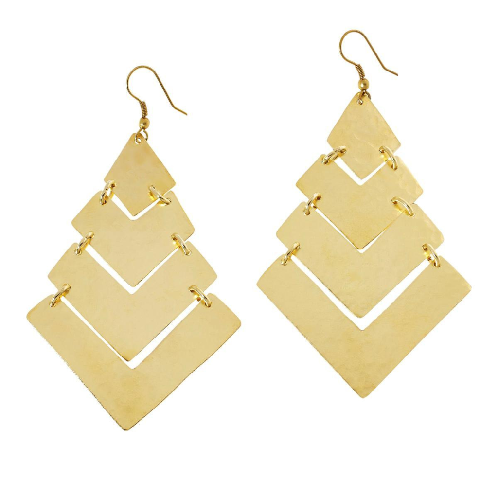 A pair of gold earrings in a shepherd hook design on a white background.