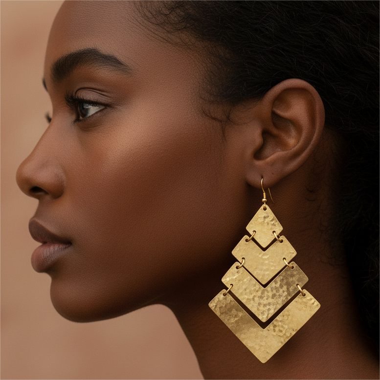 Close-up of a woman wearing gold amina earrings with a neutral background