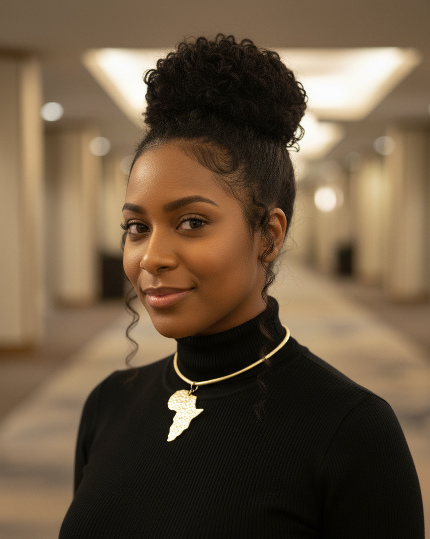 A woman wearing a black turtleneck with a necklace featuring an African map design in a blurred indoor setting.