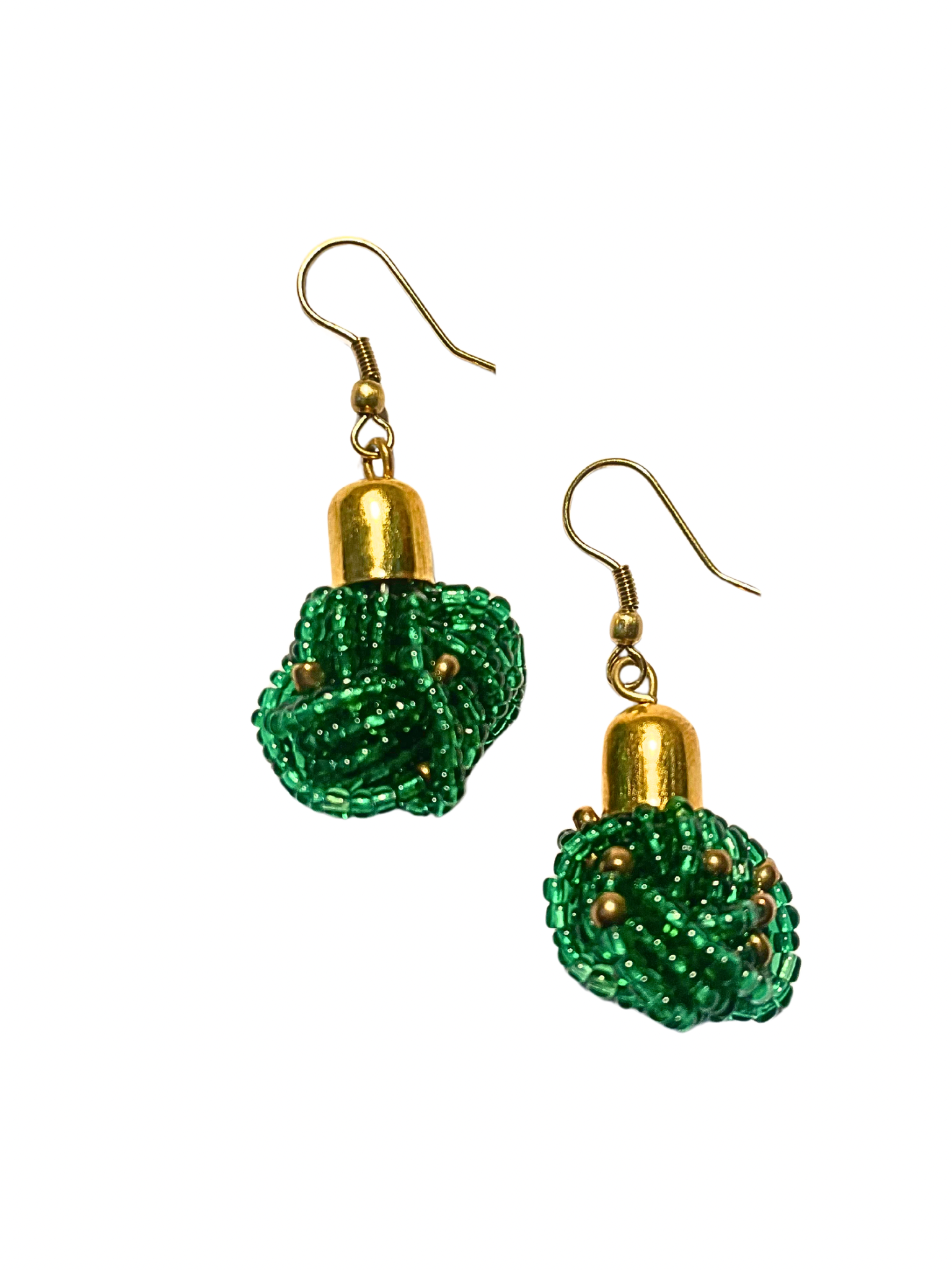 A pair of green and gold beaded drop earrings with a gold-tone cap and hook closure.