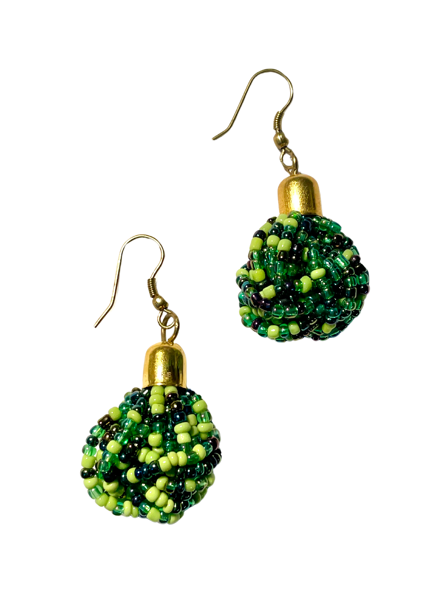A pair of green, lime, and gold beaded drop earrings with a gold-tone cap and hook closure.
