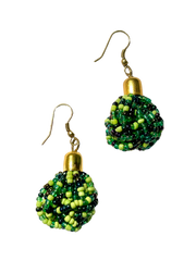 A pair of green, lime, and gold beaded drop earrings with a gold-tone cap and hook closure.