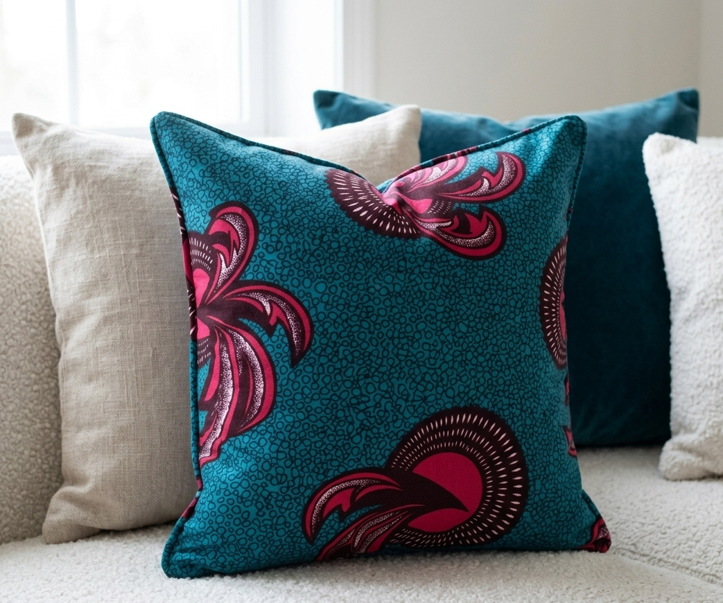 Decorative pillow with pink and red floral patterns on a teal background, placed on a light-colored sofa.
