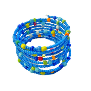 A colorful blue beaded kid's bracelet accented with various colors of dark blue, red, yellow, green, and orange.
