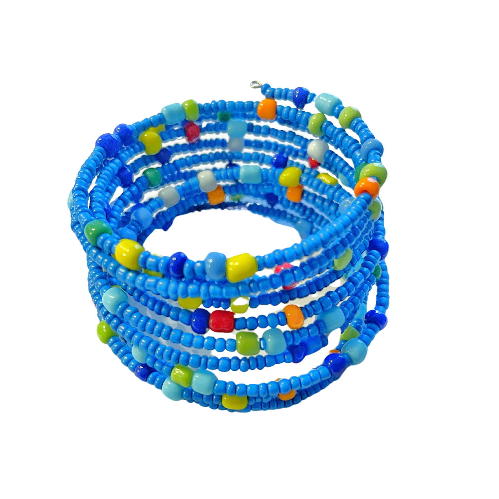 A colorful blue beaded kid's bracelet accented with various colors of dark blue, red, yellow, green, and orange.