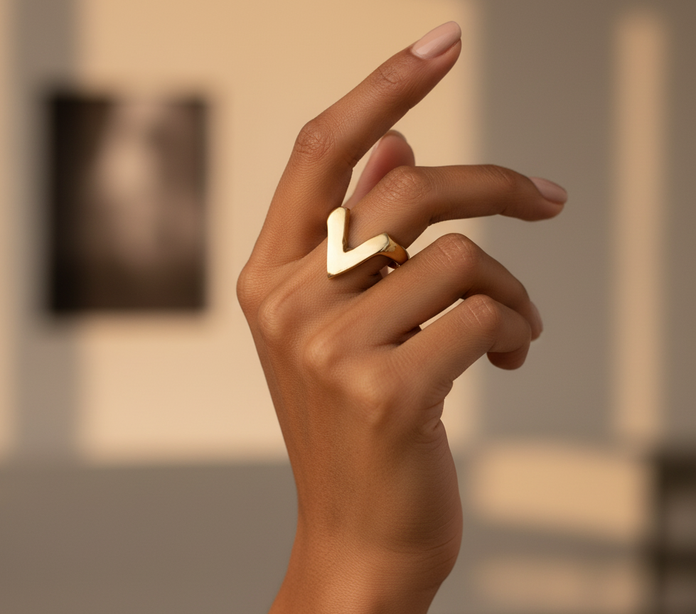 A hand wearing a gold-tone brass ring with a blurred indoor background