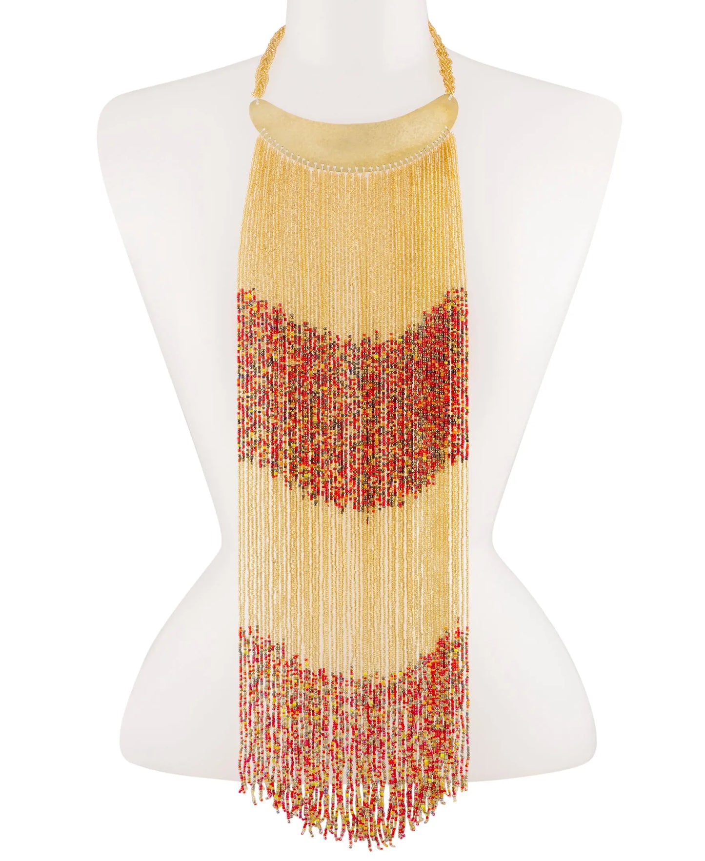  A Maasai long beaded statement necklace with a brass collar, showcasing the necklace's vibrant colors and intricate design.