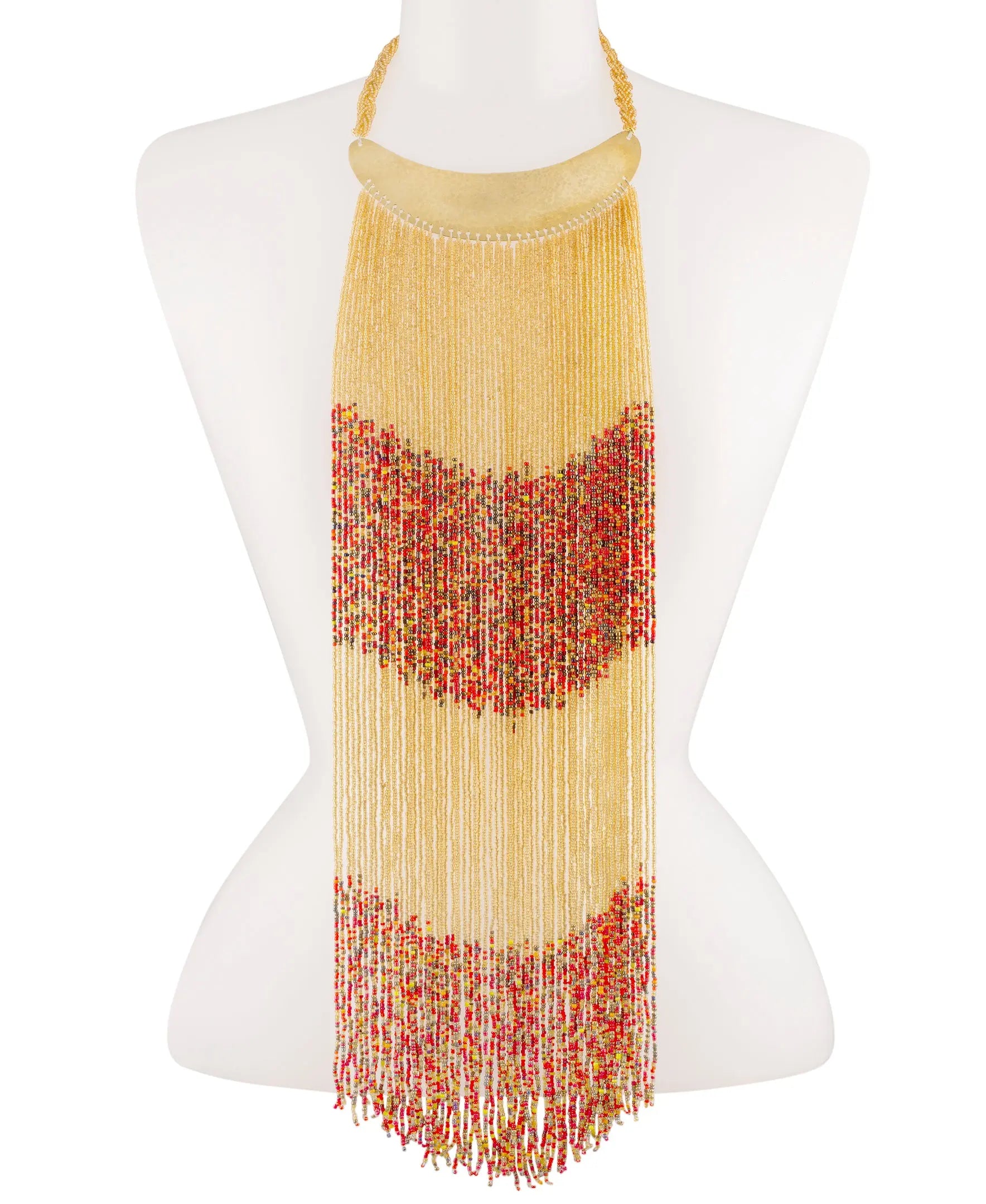  A Maasai long beaded statement necklace with a brass collar, showcasing the necklace's vibrant colors and intricate design.