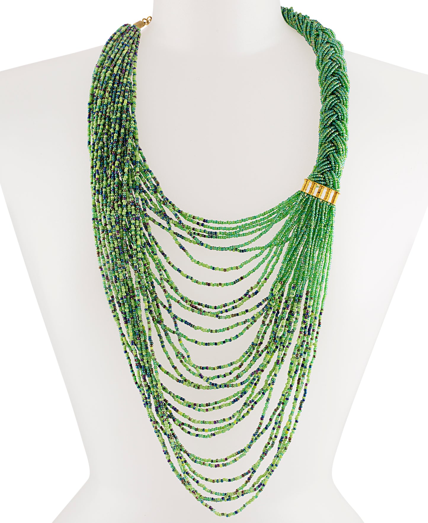 A woman wearing a green braided beaded necklace with blue, lime, and gold accents.