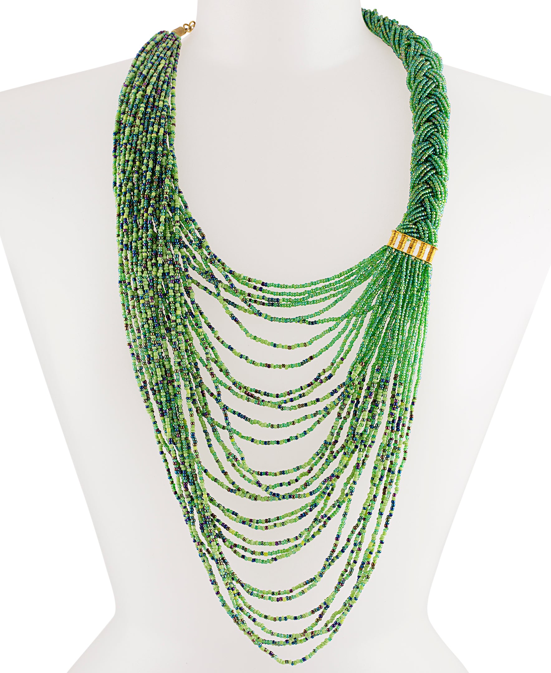 A woman wearing a green braided beaded necklace with blue, lime, and gold accents.