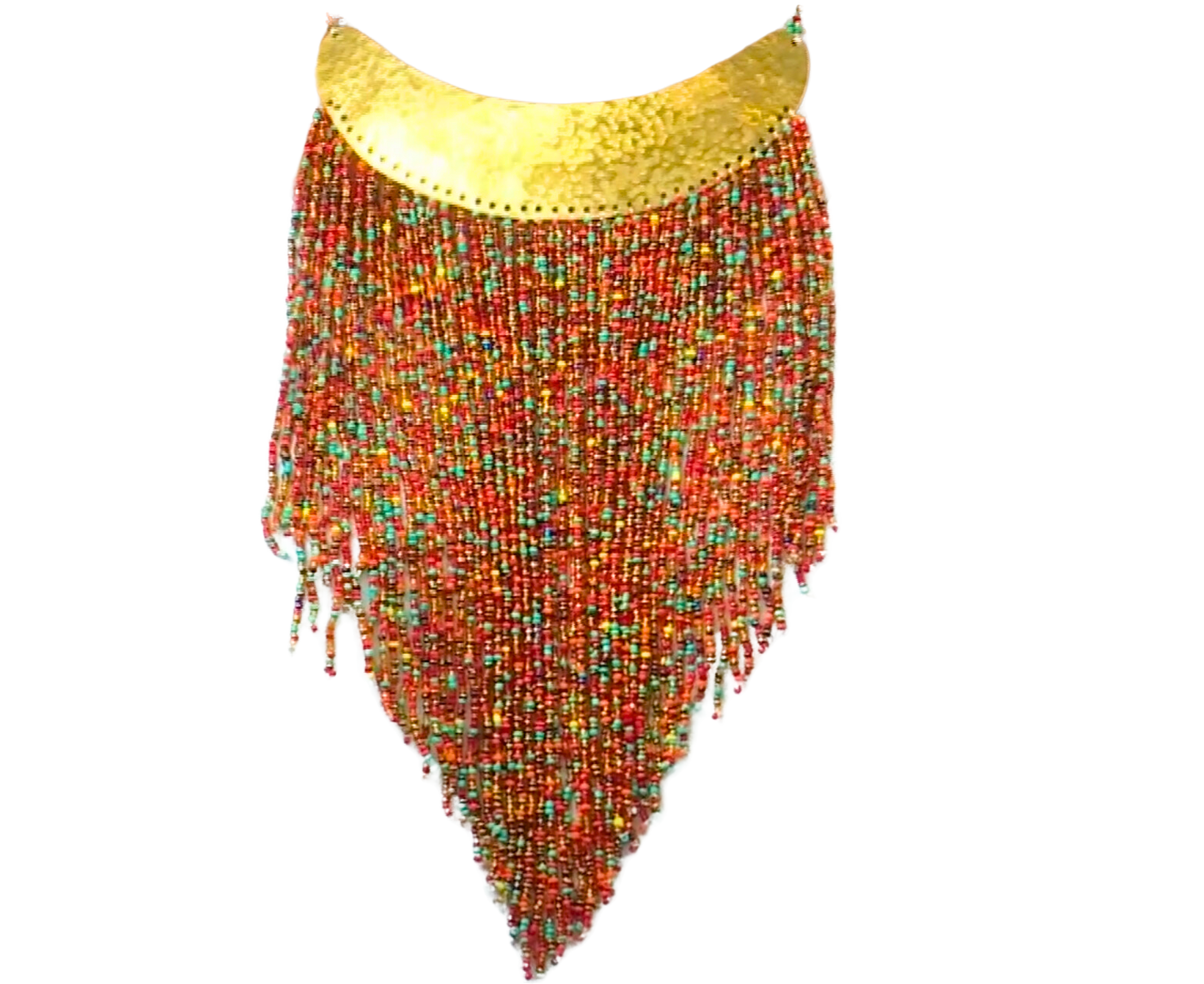 A multicolored beaded necklace with gold accents.