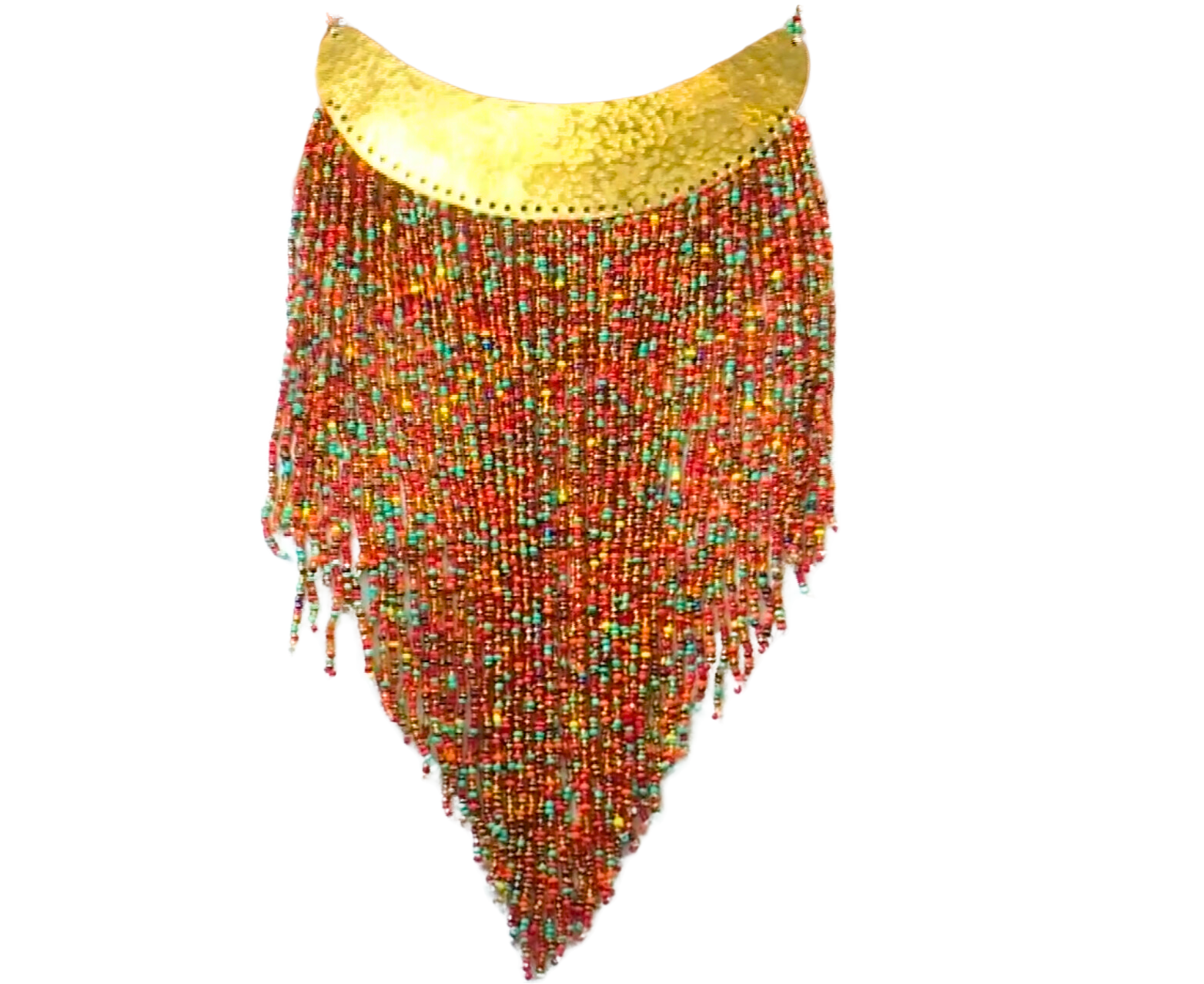 A multicolored beaded necklace with gold accents.