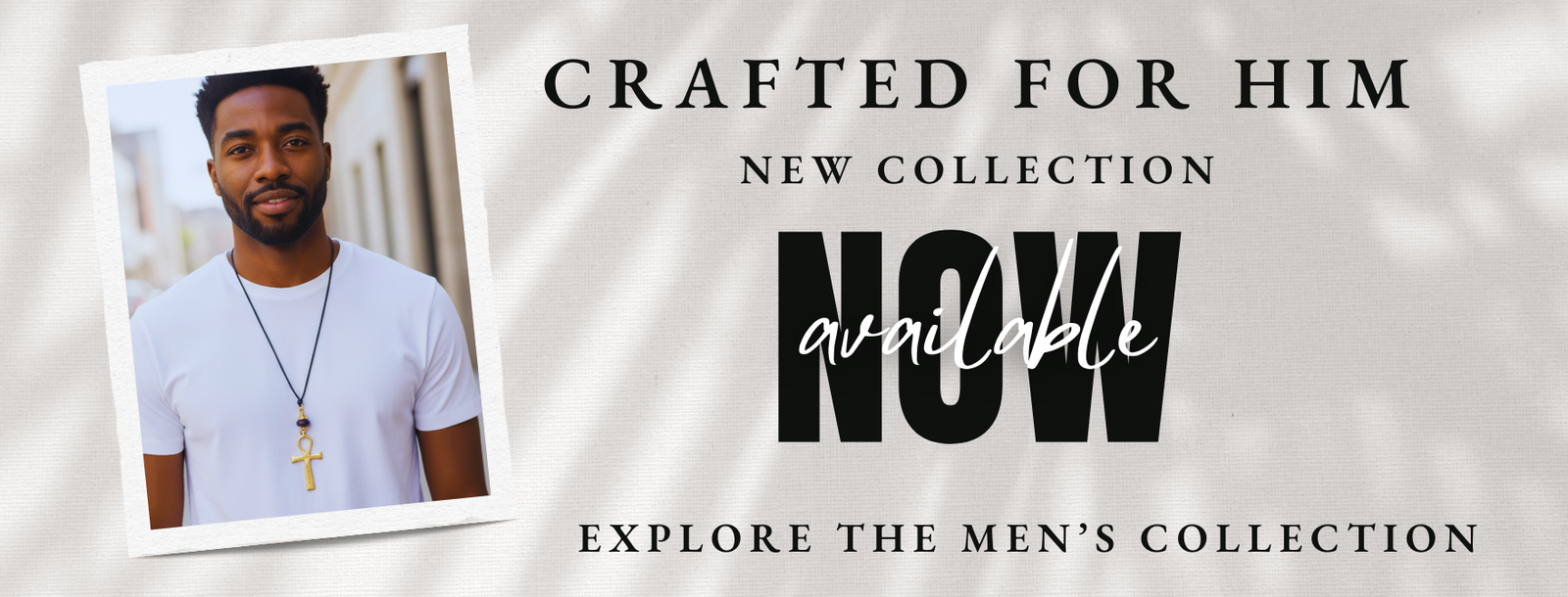 Advertisement for a men's clothing collection with a man wearing a shirt and necklace on a textured background.