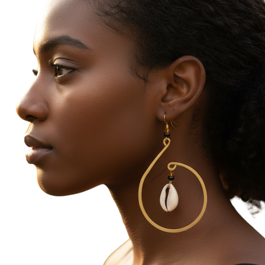 Woman wearing a gold hoop earring with a shell pendant on a neutral background