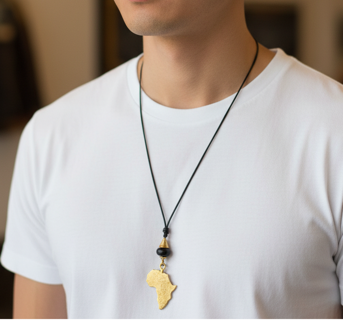 Man wearing a white t-shirt and necklace with a pendant indoors