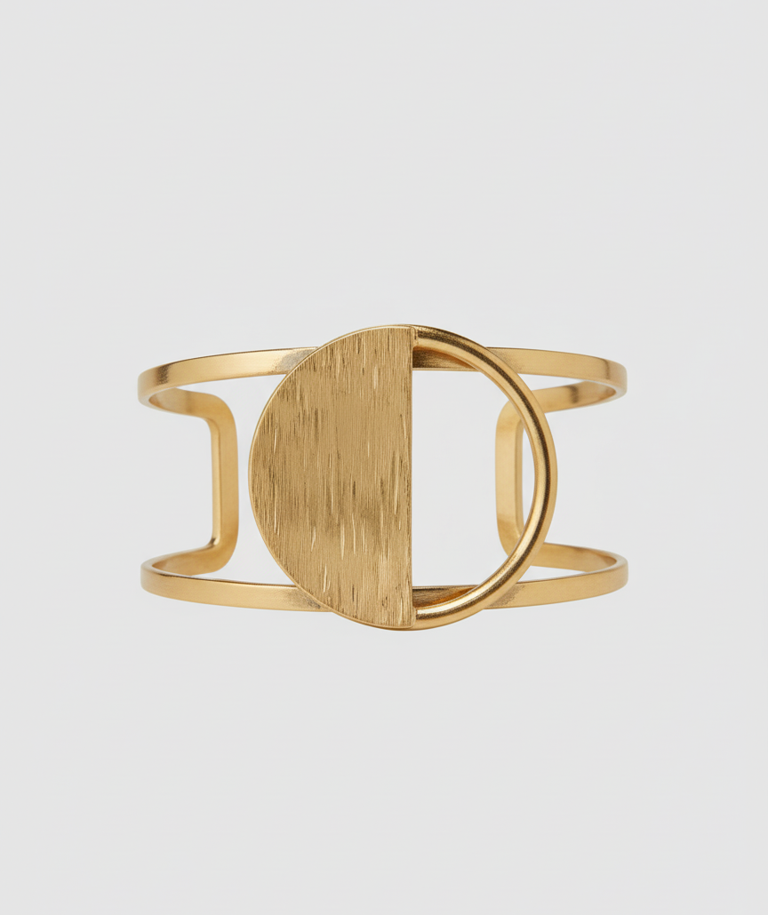 A brass bracelet with a circular design on a light gray background