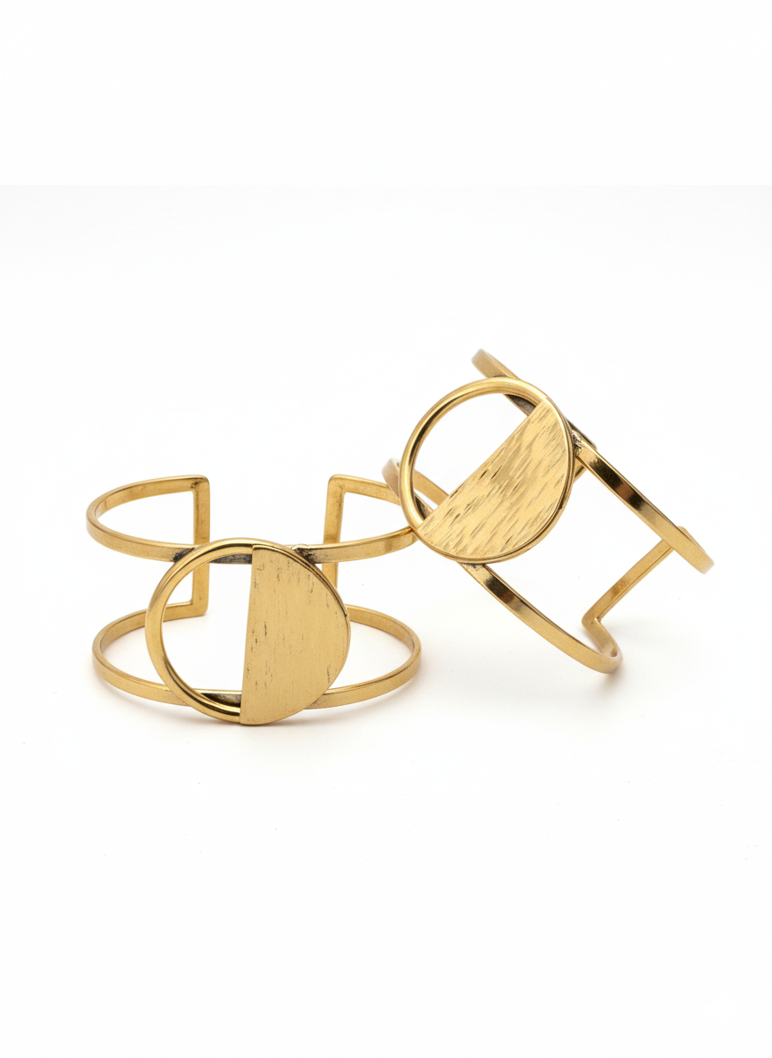 Gold cuff with geometric design on a white background