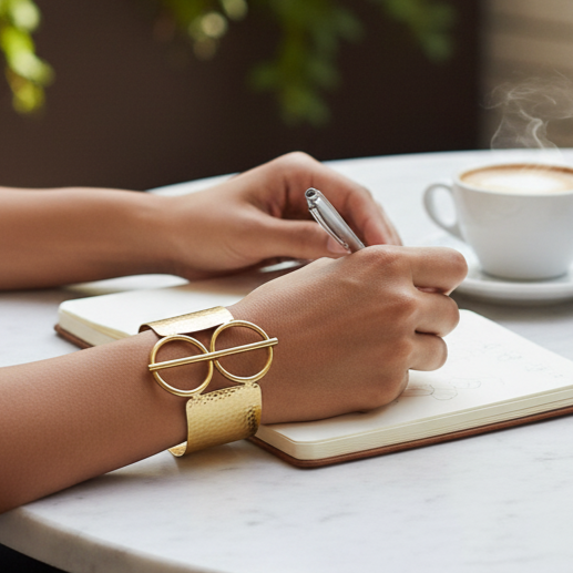 person writing with a coffee cup in the background and a gold tone cuff