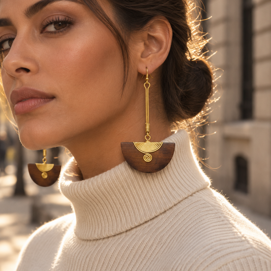 Pinduli Handmade Brass & Wood Drop Earrings – Elegant Statement Design