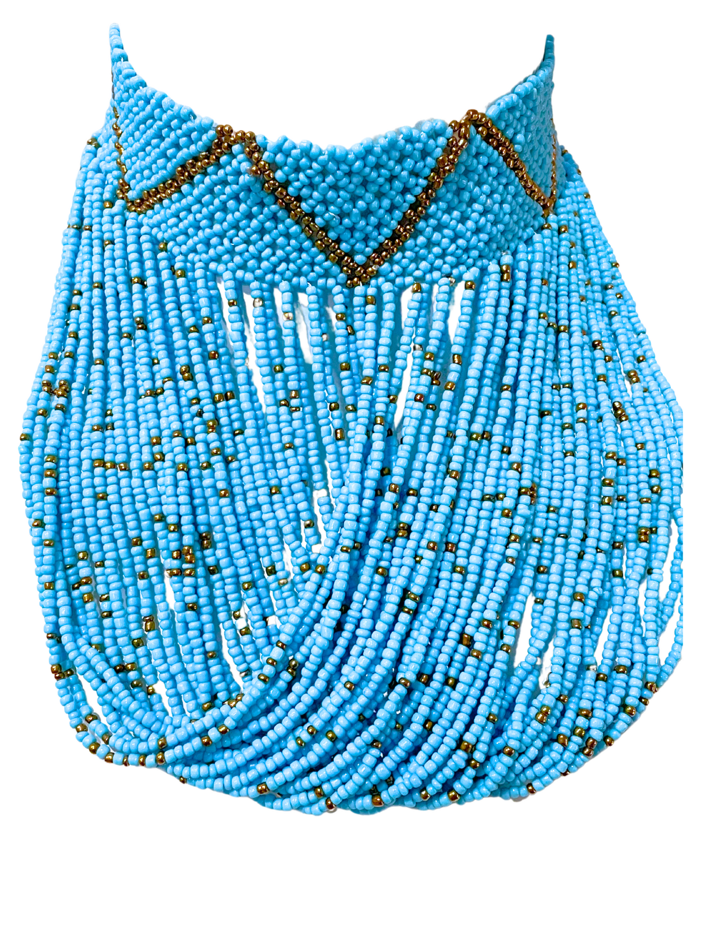 A blue beaded choker necklace with golden accents on a white background