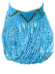 A blue beaded choker necklace with golden accents on a white background
