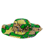 A multicolored yellow and green sun hat on a white background.