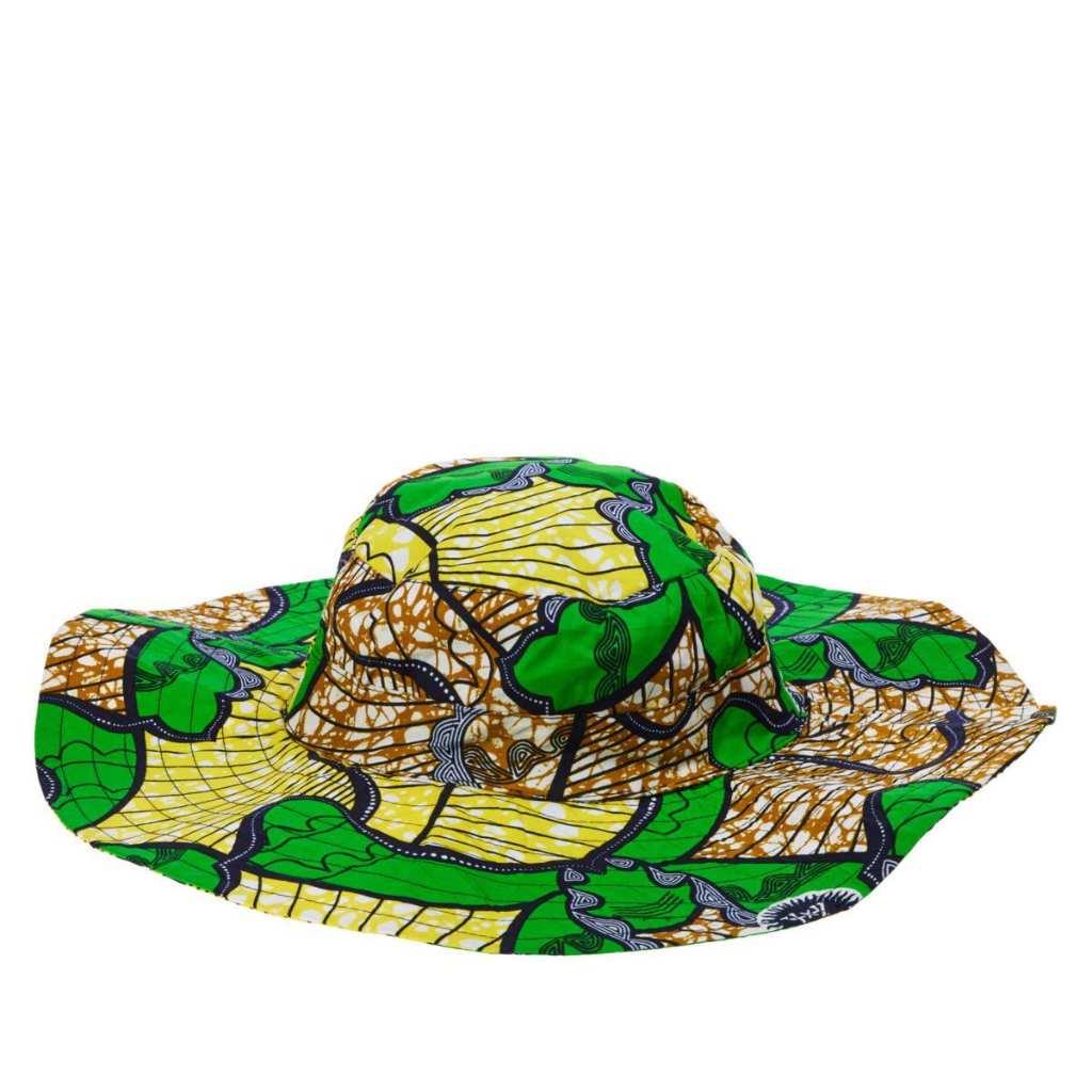 A multicolored yellow and green sun hat on a white background.