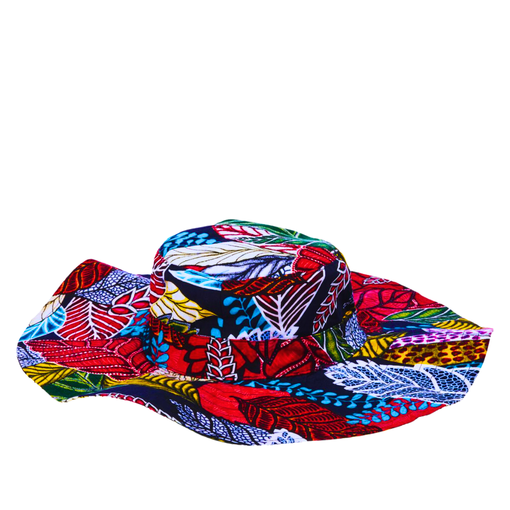 A colorfully patterned multicolored sun hat on transparent background.