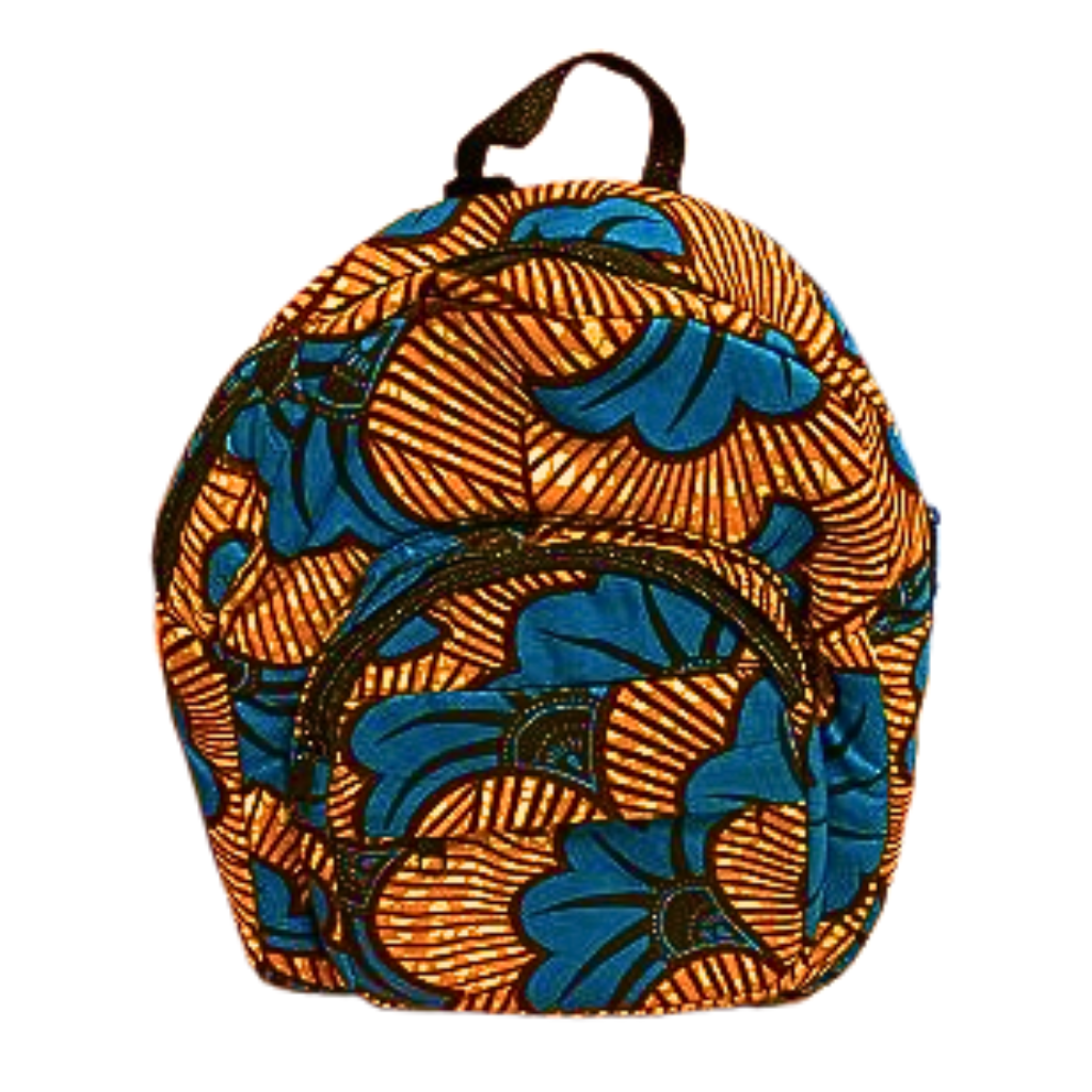 A person wearing a multicolored geometric patterned backpack with orange, blue, and white colors visible.