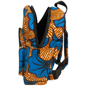 A person wearing a multicolored geometric patterned backpack with orange, blue, and white colors visible.