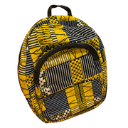 a multicolored geometric patterned backpack with yellow, blue, and white colors visible.