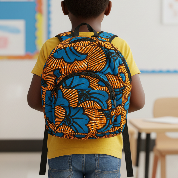 Child wearing a colorful backpack in a classroom setting