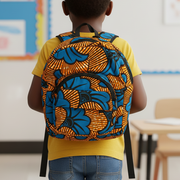 Child wearing a colorful backpack in a classroom setting