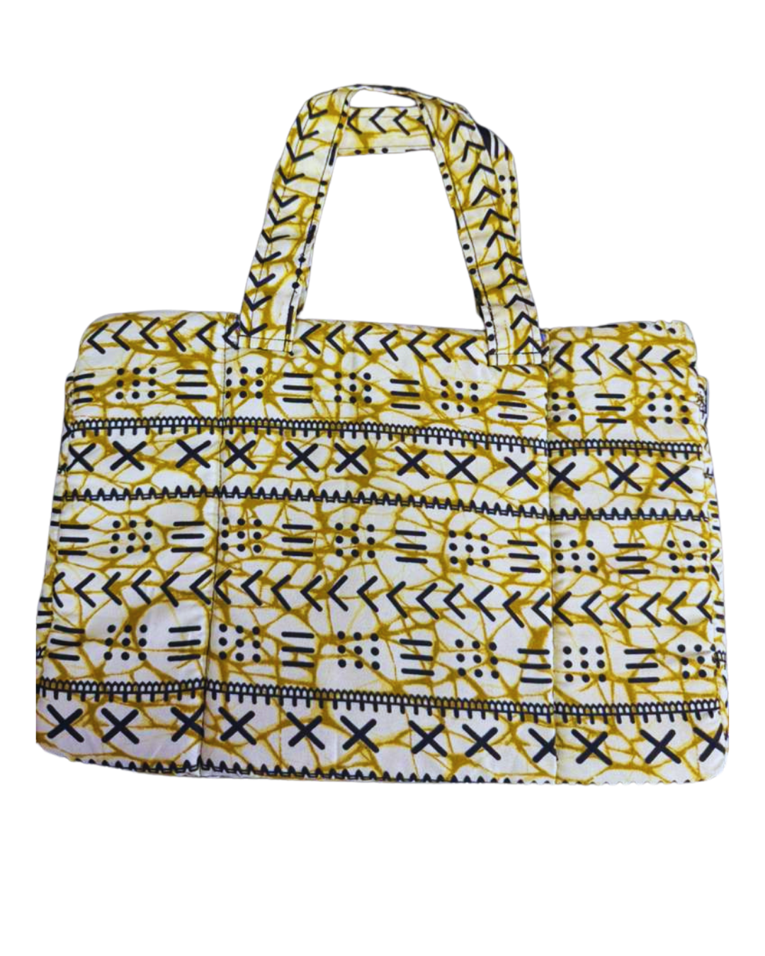 Yellow and black patterned laptop bag on a white background
