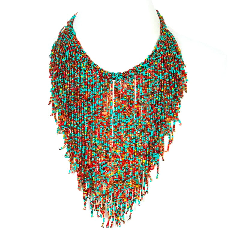 A multicolored beaded necklace on a white background.