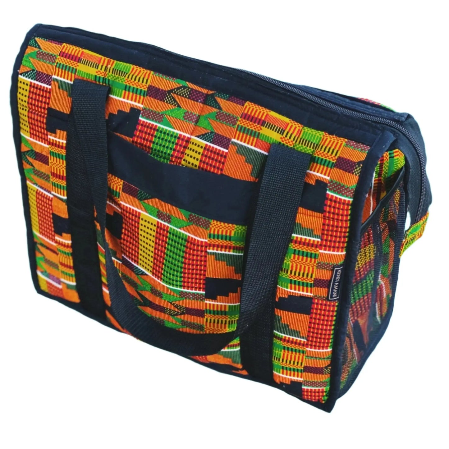 An colorfully patterned orange African Kente bag on a white background.