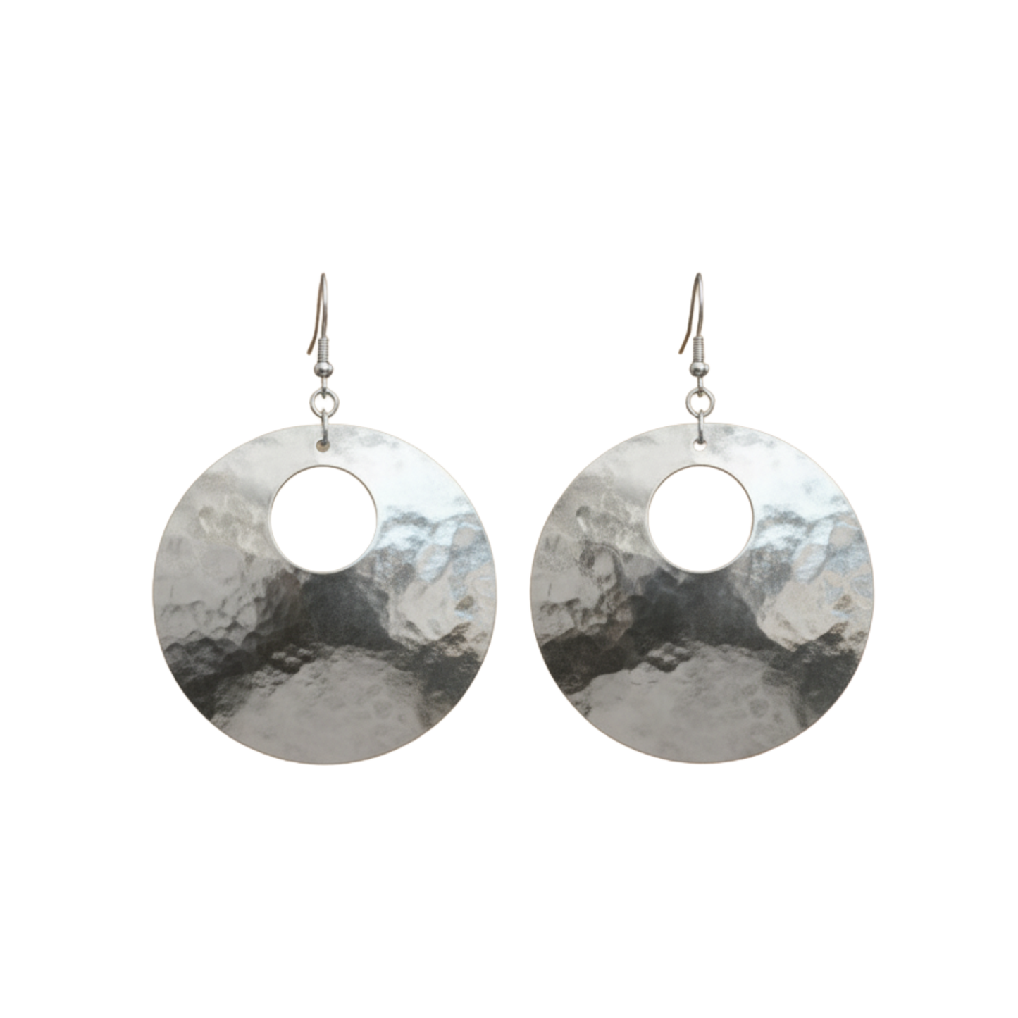 Pair of silver round earrings with a white background