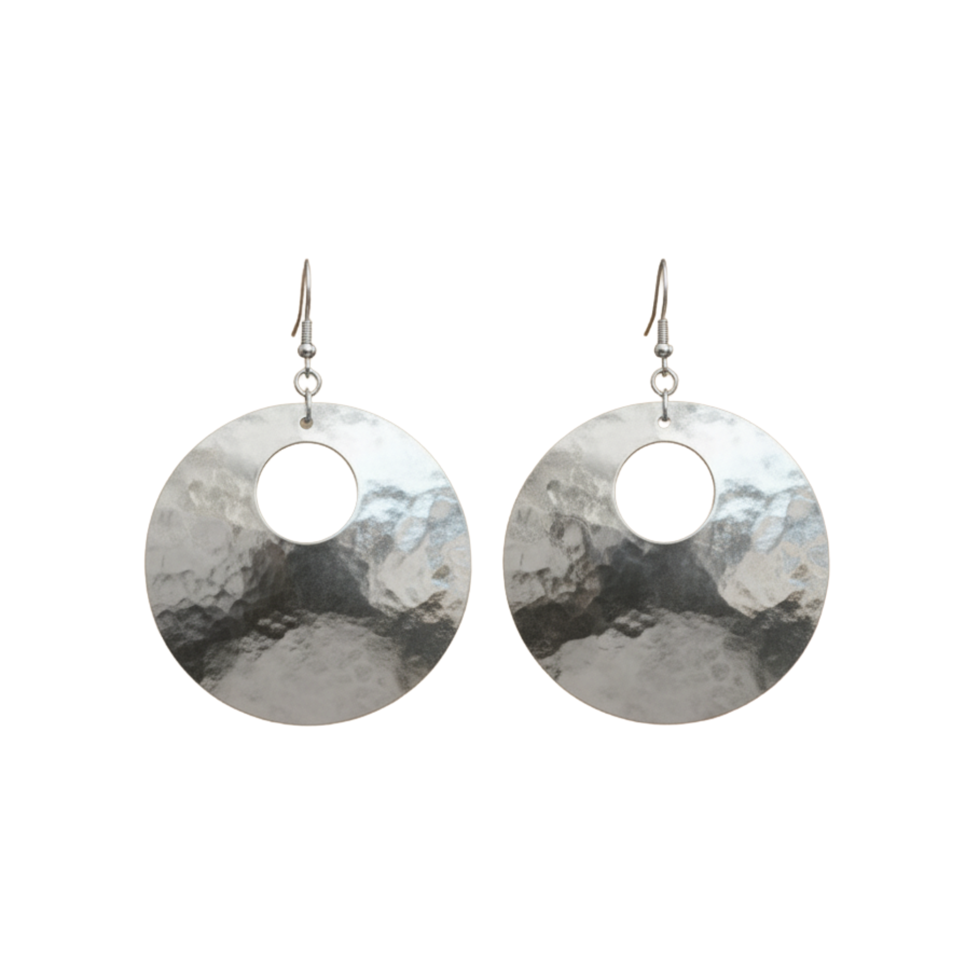 Pair of silver round earrings with a white background