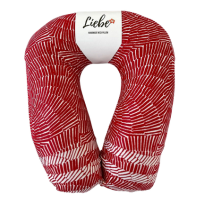 Red and white patterned neck pillow with a logo on a white background