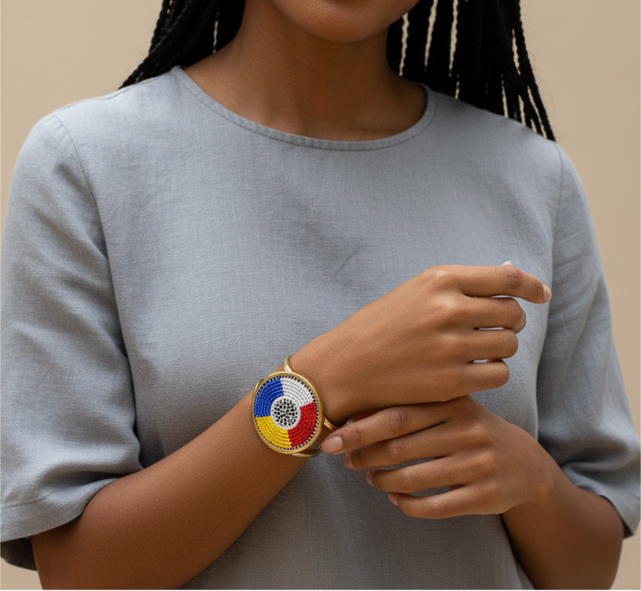 Woman wearing a beaded cuff on a beige background