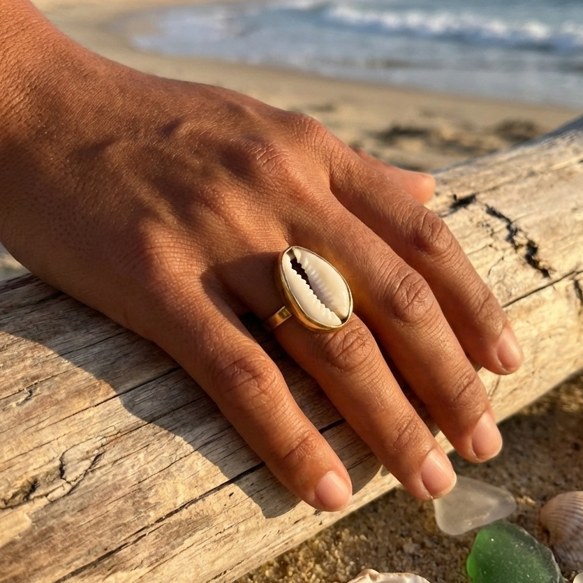 Hand wearing a gold ring with a shell design on a beach.