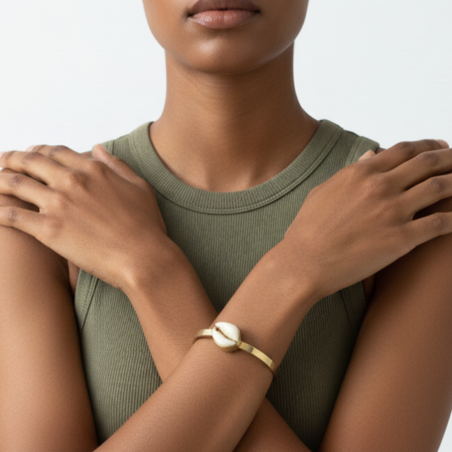 Woman wearing a brass bracelet on a neutral background