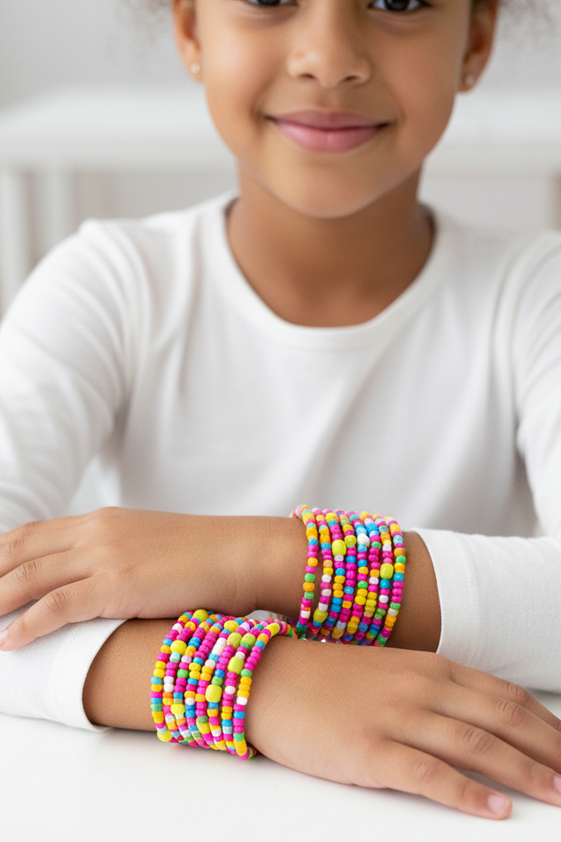 Child wearing colorful beaded bracelets on a white surface