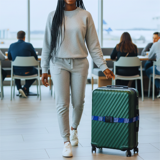 A person walking with a green suitcase with a luggage identifier in an airport terminal.