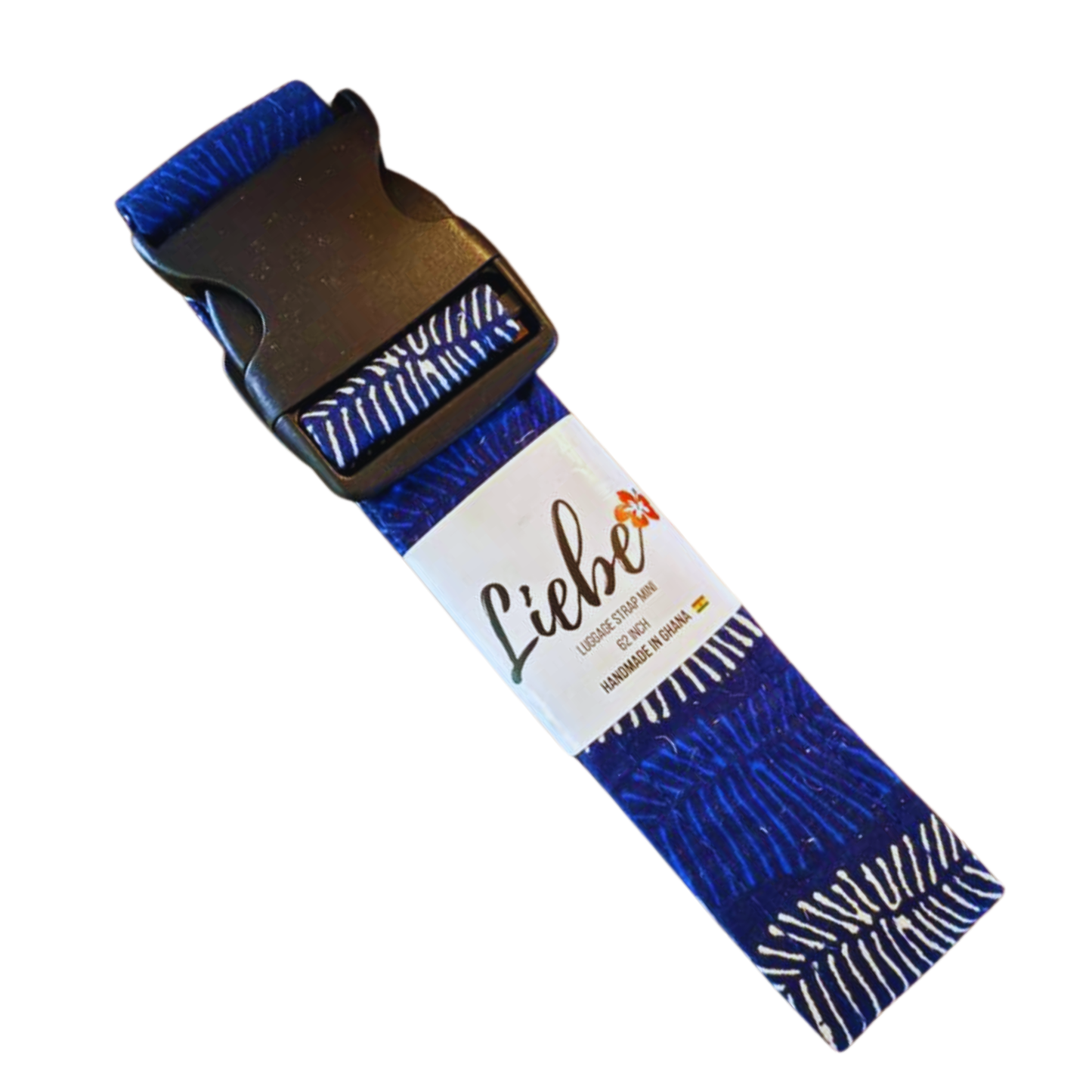 Blue and white patterned luggage identifier with a black buckle on a white background