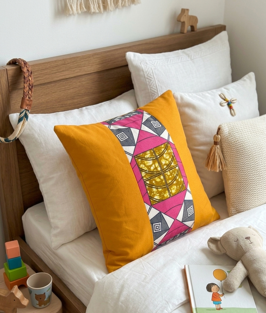 Children's bedroom with a bed featuring colorful pillows and toys.