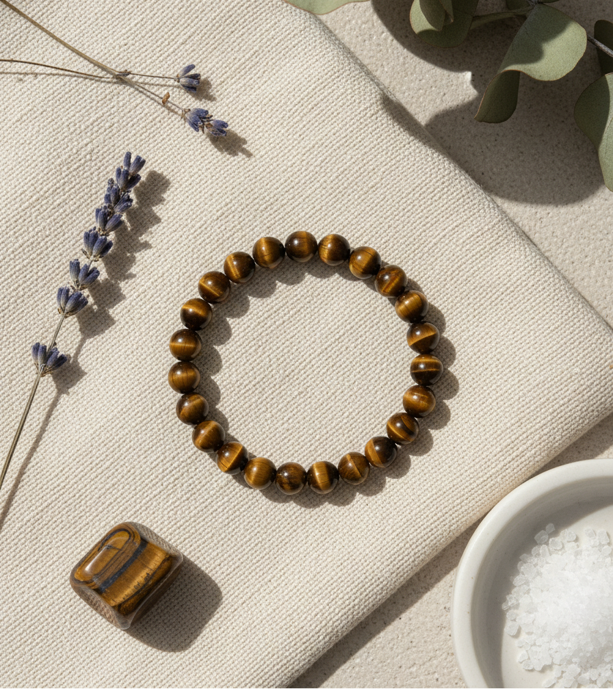 Tiger eye bracelet on a textured surface with lavender and a small dish.