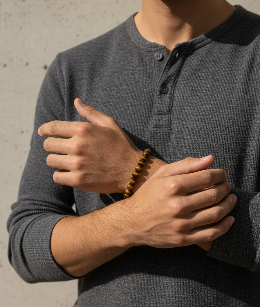 Person wearing a gray long-sleeve shirt with a concrete wall background
